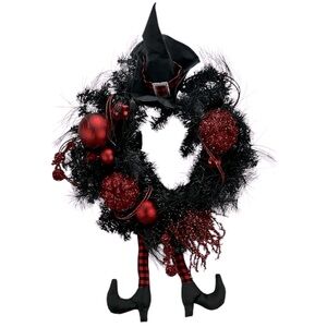 Bella Lux Halloween Witch Leg Wreath Red Black Glitter Baubles Pumpkin Hat Broom